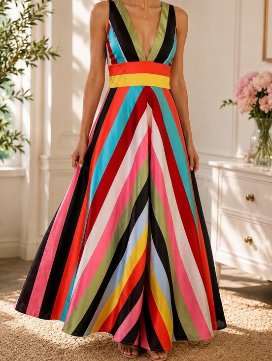 eshakti Dresses & Skirts - eShakti Chevron Stripe Rainbow Maxi Dress Pockets Womens Lg=10 12 Pristin Pocket
